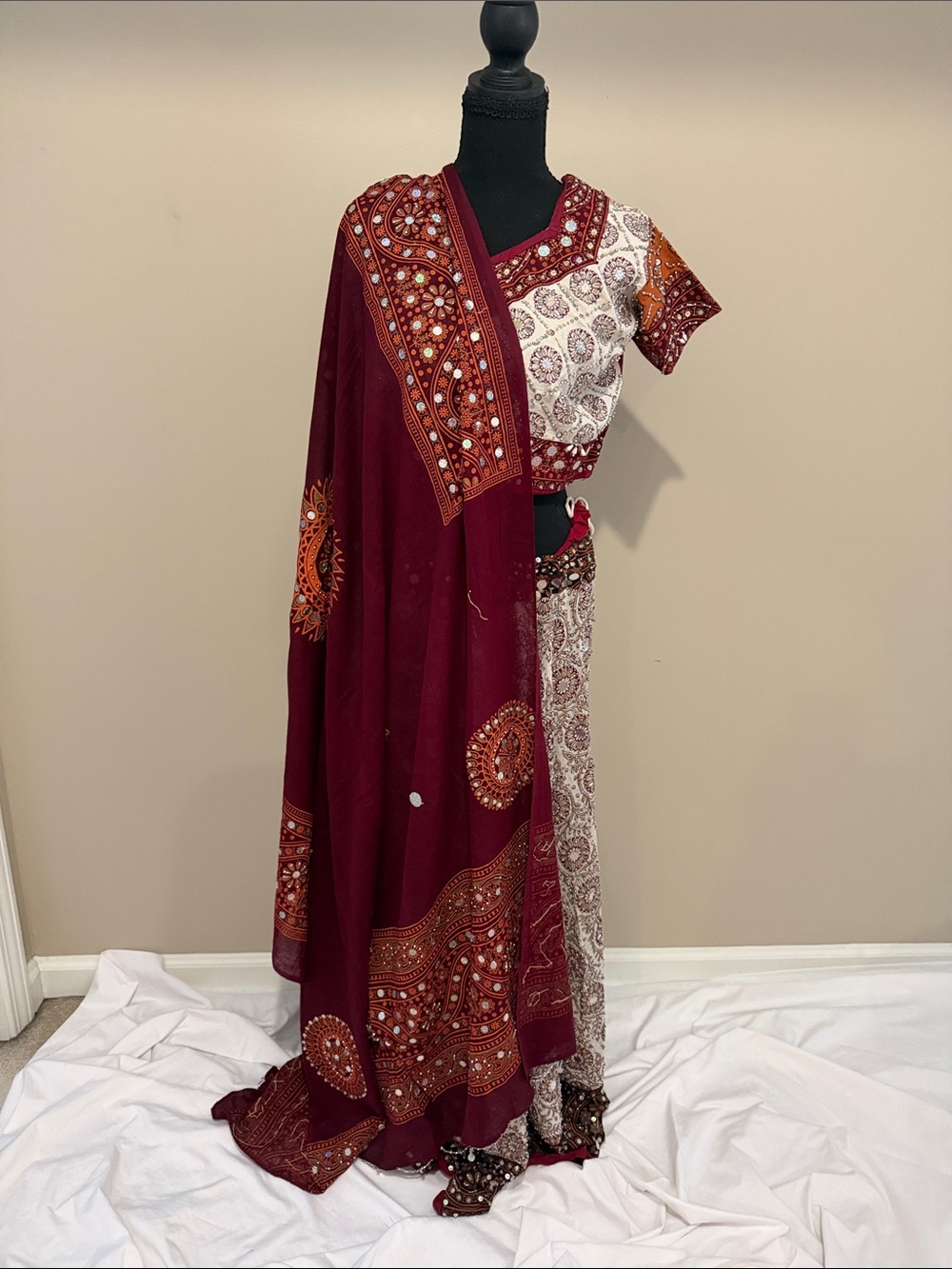 Maroon and Cream Embroidered Women’s Garba Lehenga Chaniya Choli with Dupatta